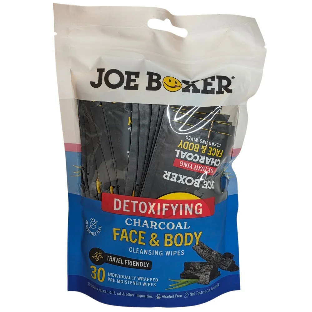 Joe Boxer Detoxifying Charcoal Face & Body Cleansing Wipes Travel Body Wash 30ct